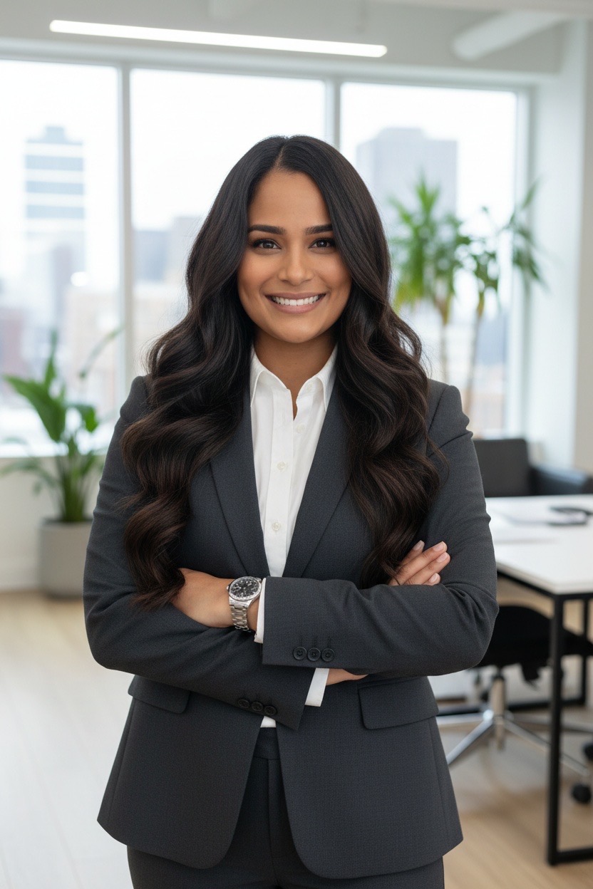 Carmen Angle smiling in a gray suit with her arms folded