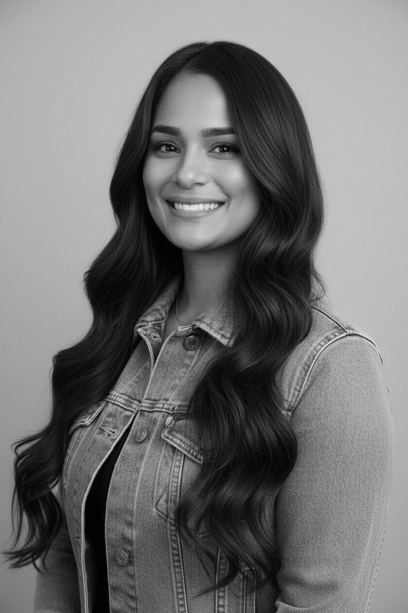 Black-and-white portrait of Carmen Angle smiling in a denim jacket